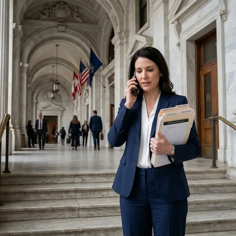 Attorney holding legal case files in a courthouse hallway taking a confidential business call on smartphone
