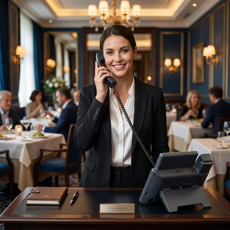 A happy restaurant hostess stand answering a phone call with a premium modern VoIP desk phone