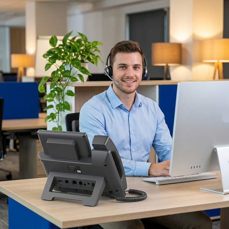Friendly small business office manager at a clean wooden desk, speaking on a telephone headset and smiling directly at the camera