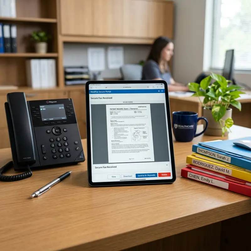 Medical receptionist reviewing HIPAA-compliant cloud eFax document on a tablet screen