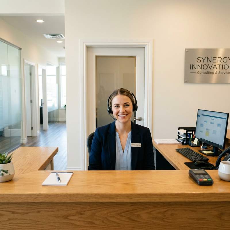 Friendly office receptionist smiling and welcoming visitors over the front desk while wearing a headset