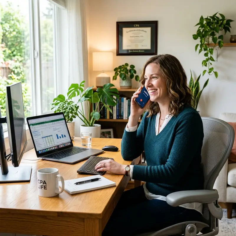 Remote tax accountant taking a client call on a smartphone softphone app from her home office desk during peak tax season